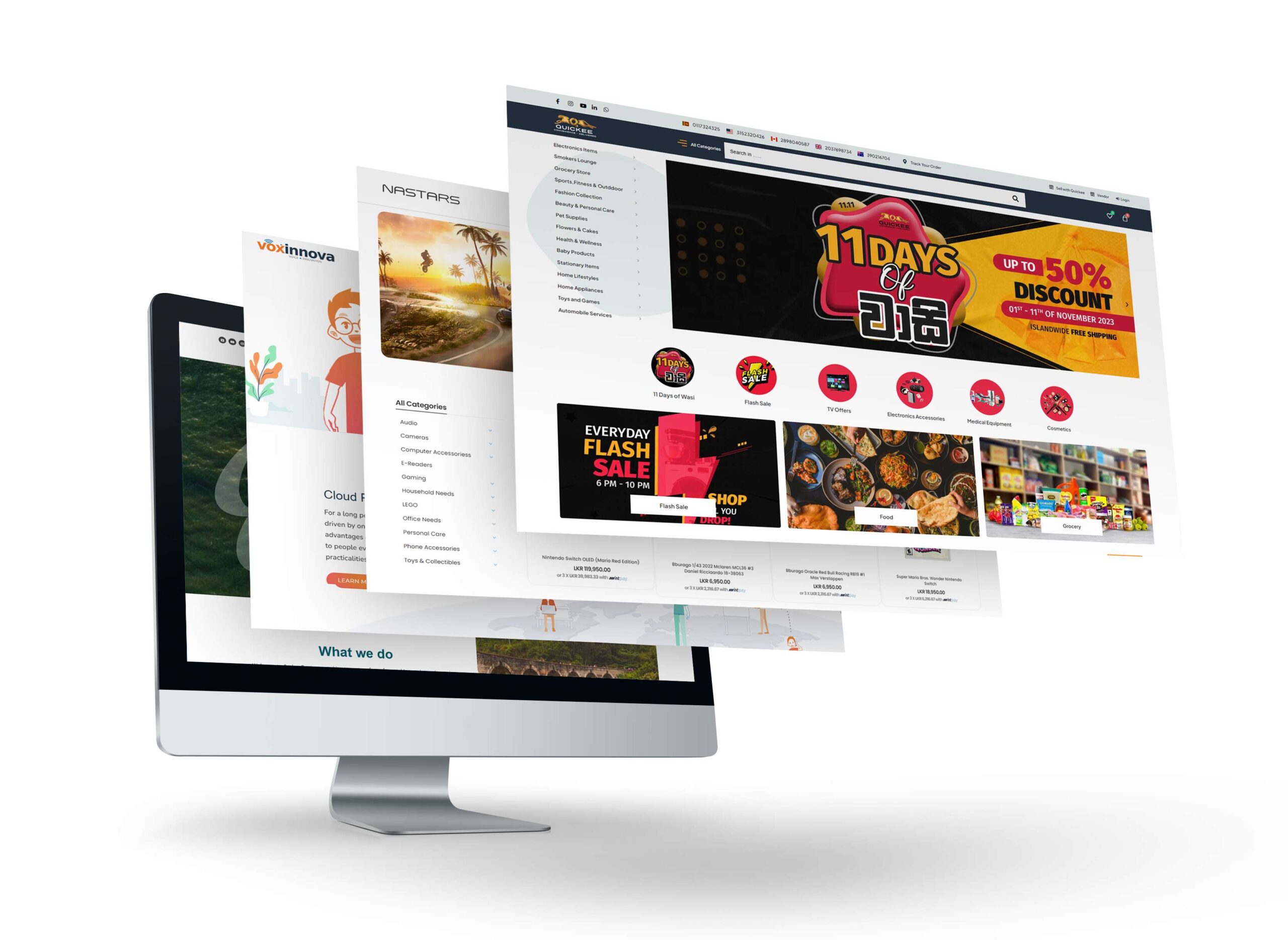 A dynamic display of the ‘Website Launch’ section from the ‘Creative Web Design Services’ page, showcasing vibrant web design elements and promotional graphics on a desktop monitor, reflecting the innovative solutions offered by ‘Digital Solutions & Products’ in Sri Lanka.