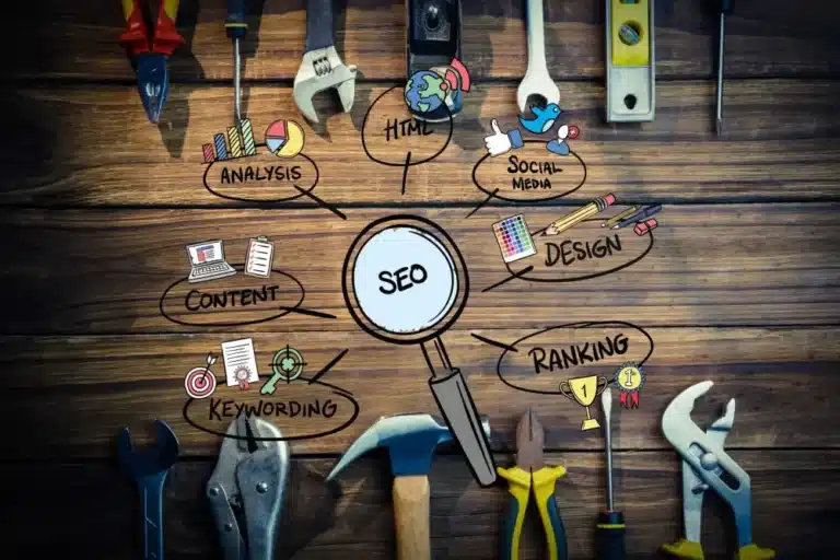 A chart illustrating the relationship between SEO and web design, including elements like content, social media, keywording, and ranking.