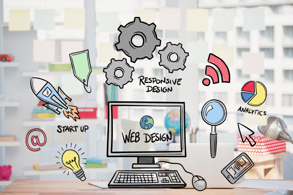 Illustration of a computer monitor displaying the words ‘Web Design’ surrounded by various colourful icons and elements related to web design and development. These include gears labelled ‘Responsive Design,’ a rocket, pie charts, a magnifying glass, a light bulb with the word ‘Start up,’ the ‘@’ symbol, and hand-drawn sketches. The background features a blurred office setting with sticky notes on a window. This image visually represents the creative and technical aspects of web design in a vibrant and engaging manner.
