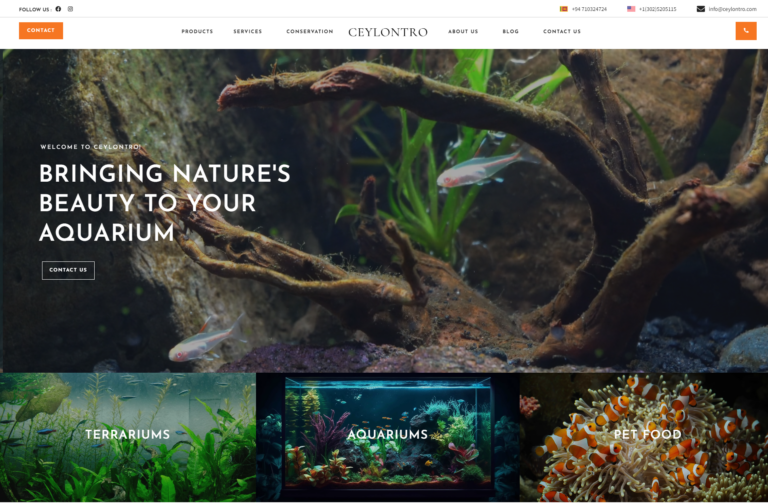 The homepage of an aquarium service website features stunning images of fish and plants in a beautifully designed aquarium. Top navigation menu includes links for products, services, conservation, blog, and contact information. Crafted by a top web design company in Sri Lanka, the weblook is both elegant and functional.