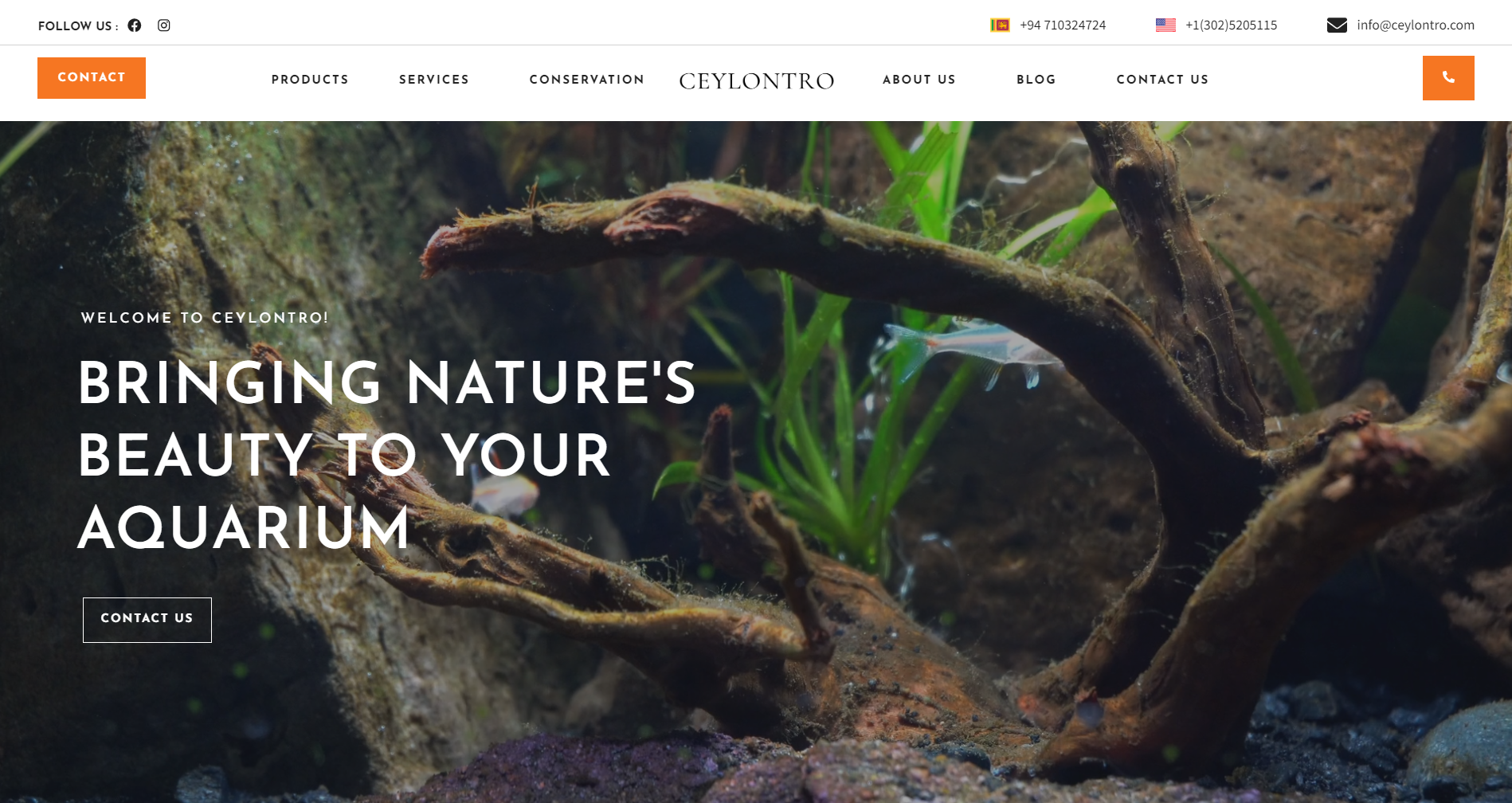 The homepage of an aquarium service website features stunning images of fish and plants in a beautifully designed aquarium. Top navigation menu includes links for products, services, conservation, blog, and contact information. Crafted by a top web design company in Sri Lanka, the weblook is both elegant and functional.