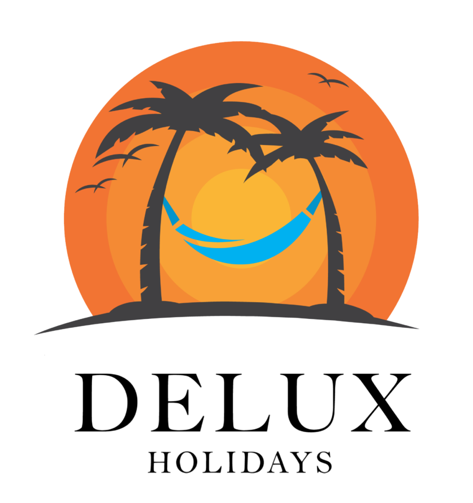 Logo of Delux Holidays featuring a stylized orange sunset with palm trees and a hammock, designed by Weblook for web design in Sri Lanka.