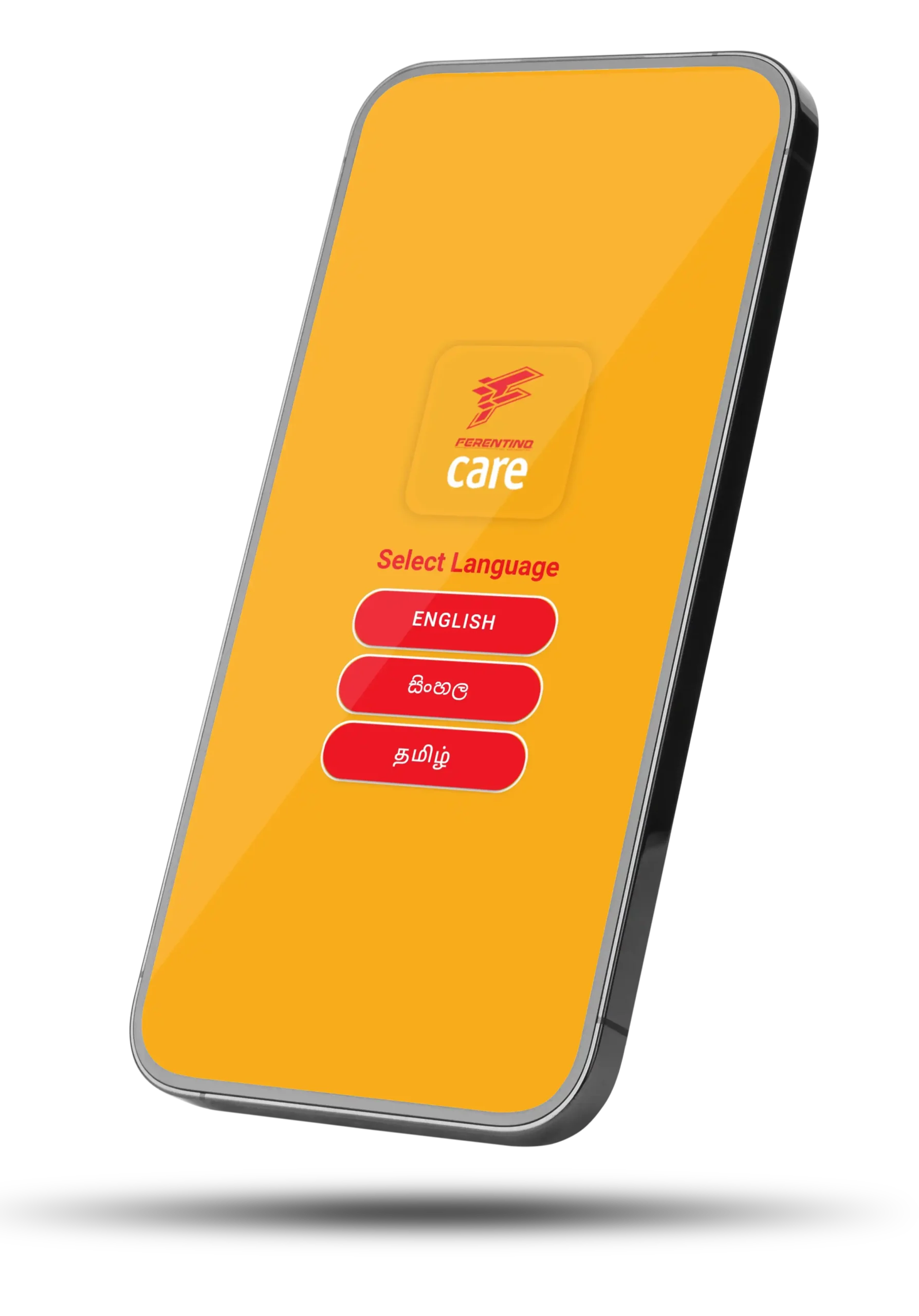 Screenshot of Ferentino care mobile app homepage with language selection options, developed by Weblook for web design in Sri Lanka.