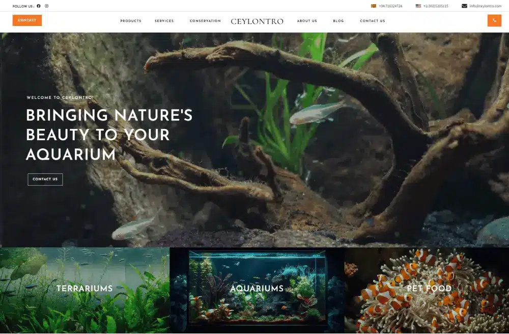 Ceylontro's homepage featuring an aquarium setup with aquatic plants and fish, promoting their products and services for aquarium enthusiasts.