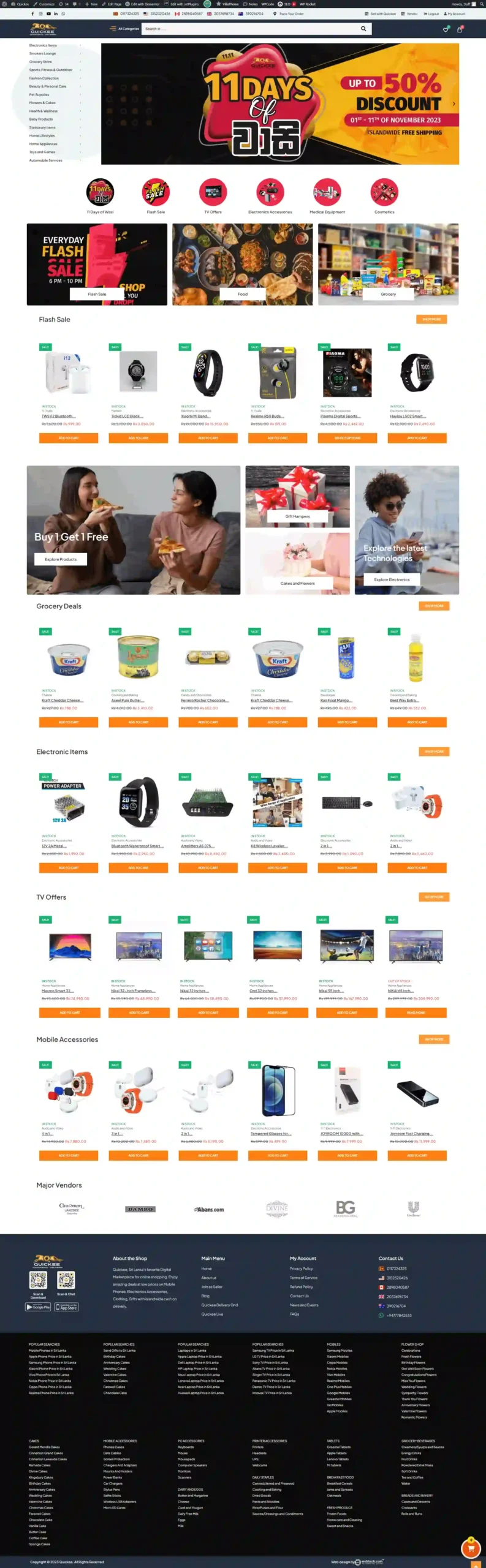 Screenshot of the main page for Weblook’s client website featuring navigation menus, promotional banners, product listings, testimonials, and footer information - optimizing for ‘web design Sri Lanka.’