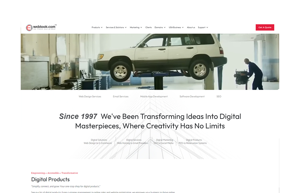 Weblook.com homepage screenshot featuring a logo, navigation menu, a large image of a car on a lift in a garage, and the headline 'Since 1997 We've Been Transforming Ideas Into Digital Masterpieces, Where Creativity Has No Limits.