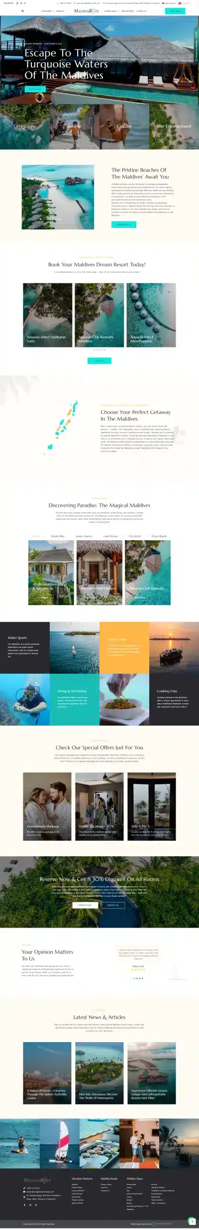 Maldives Roots website homepage featuring a banner image of a couple relaxing on a beach, a section highlighting their services, popular destinations, and special offers. This website was designed and developed by Weblook, a leading web design agency in Sri Lanka.