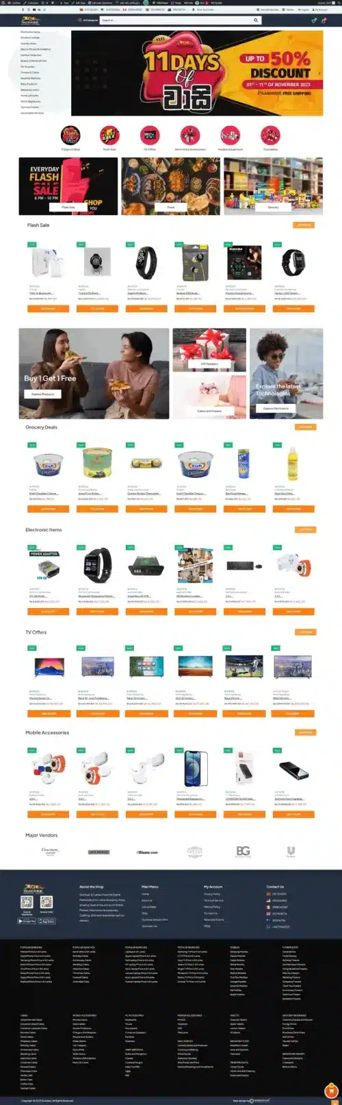 Quickee Marketplace homepage showcasing a wide range of product categories, including discounts, flash sales, grocery deals, electronics, and mobile accessories. Designed by Weblook as part of our web design services in Sri Lanka.