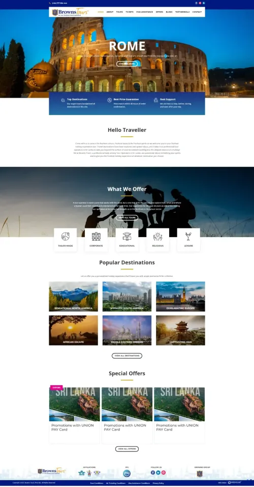 Browns Tours website homepage featuring a banner image of the Roman Colosseum, a section highlighting their services, popular destinations, and special offers. This website was designed and developed by Weblook, a leading web design agency in Sri Lanka.
