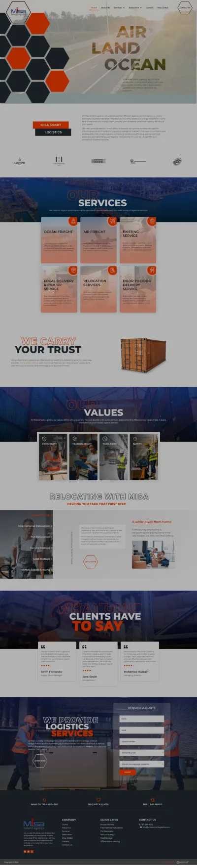 Misa Smart Logistics website homepage - showcasing a modern and professional design, highlighting their air, land, and ocean services, and emphasizing trust and customer satisfaction, designed by Weblook, a leading web design agency in Sri Lanka.