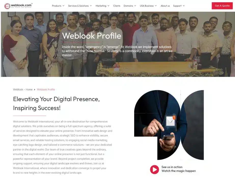 Weblook team profile page showcasing the company's commitment to digital innovation and comprehensive solutions, with a group photo of team members and a description of their services.